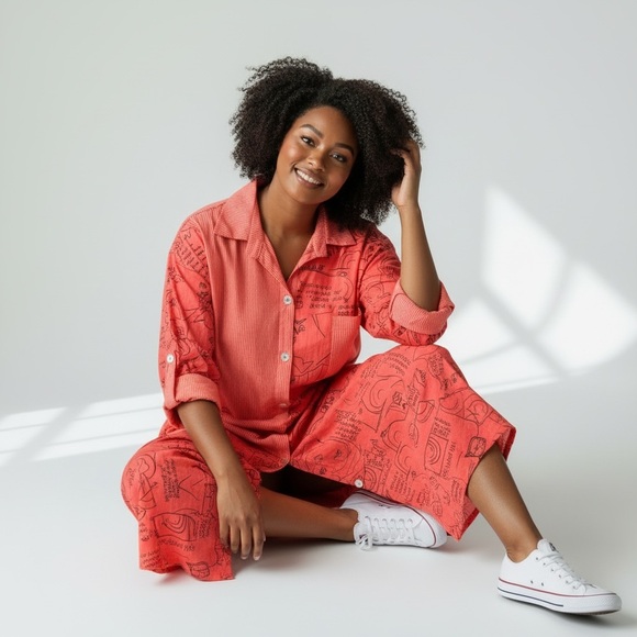 Frocella Coral Button-Up Dress with Black Cursive Script and Drawing Pattern - Picture 4 of 4